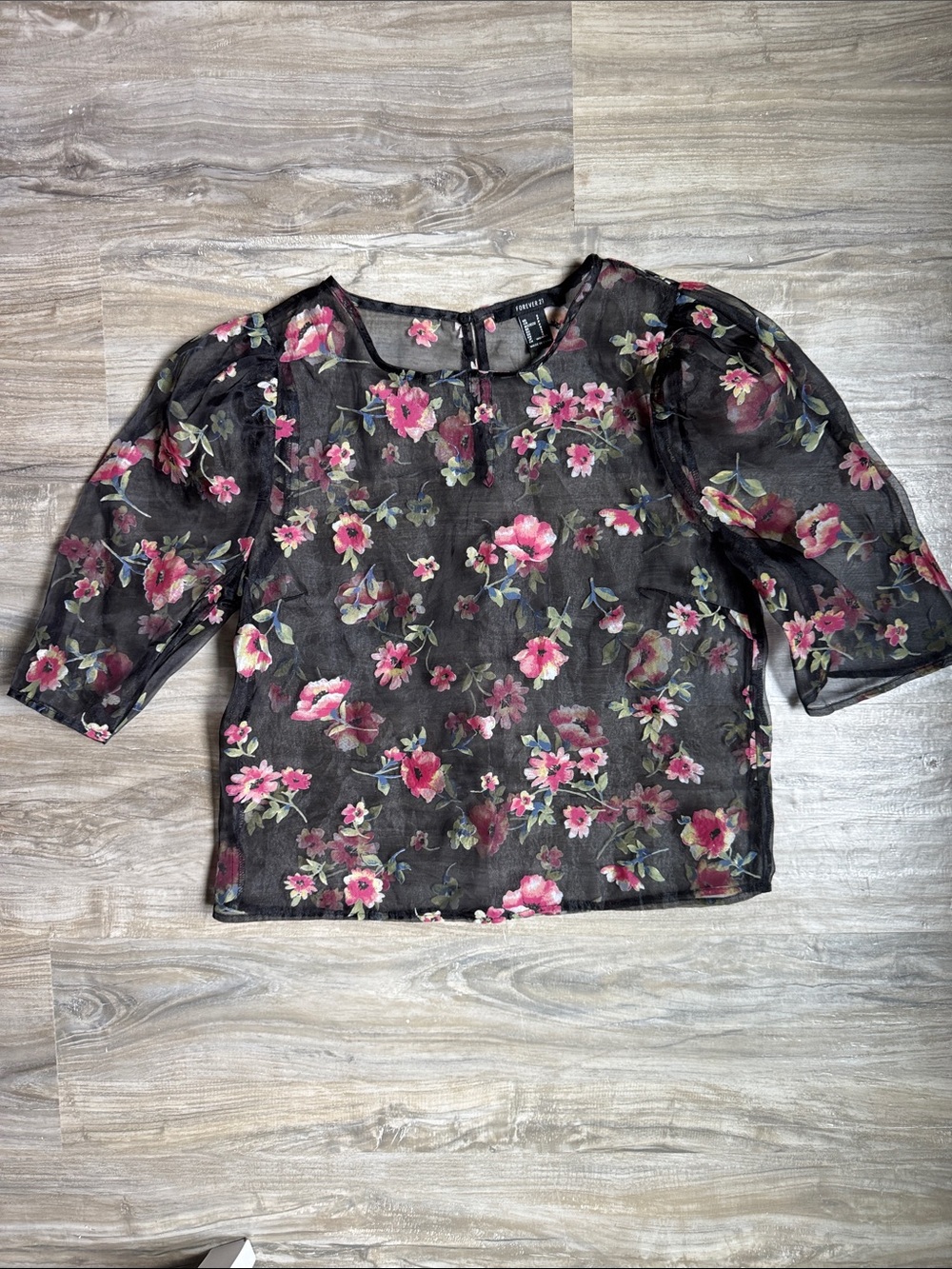 Forever 21 Black Sheer Puff-Sleeve Blouse with Pink Floral Print
